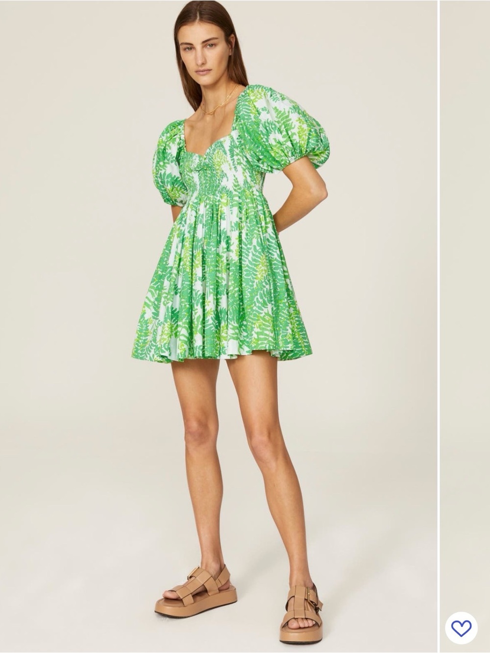 S/W/F
Planta Babydoll Mini Dress Botanical Green Puff-Sleeve Smocked L cotton